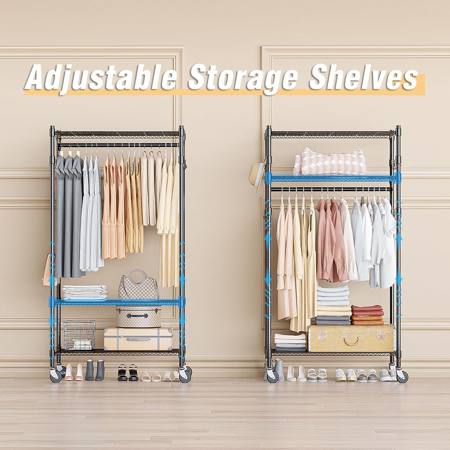 Homdox Heavy Duty Clothing Rack with 3 Tier Adjustable Wire Shelves, Garment Racks for Hanging Clothes, Double Rods Clothing Rack, Freestanding Closet Wardrobe with Side Hooks, Black