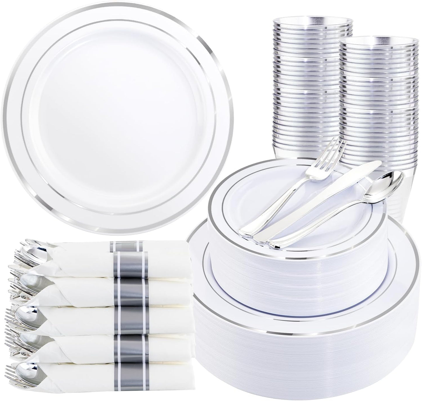 350Piece Silver Plastic Dinnerware Set for 50 Guests - Silver Plastic Plates with Cutlery Include:50Dinner Plates-50Dessert Plates-50Pre Rolled Napkins with Silverware