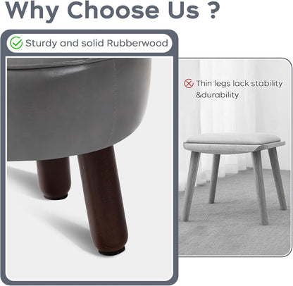 Ottoman, Small Foot Stool, Round Leather Pouf Ottoman, 13''L x 13''W x 10.2''H Foot Rest with Non-Skid Rubber Legs for Living Room Bedroom Couch Entryway, Grey