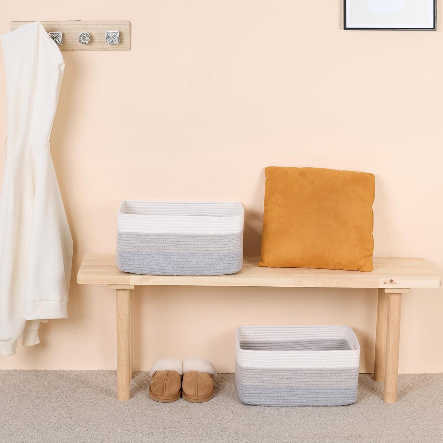 Large Storage Baskets for Shelves, Closet Organizers Bins for Clothes Blanket Towels, Baby Nursery, Toy Baskets Box, Woven Rope Baskets, 17 x 13 x 7.5”, 3 Packs Gradient Grey