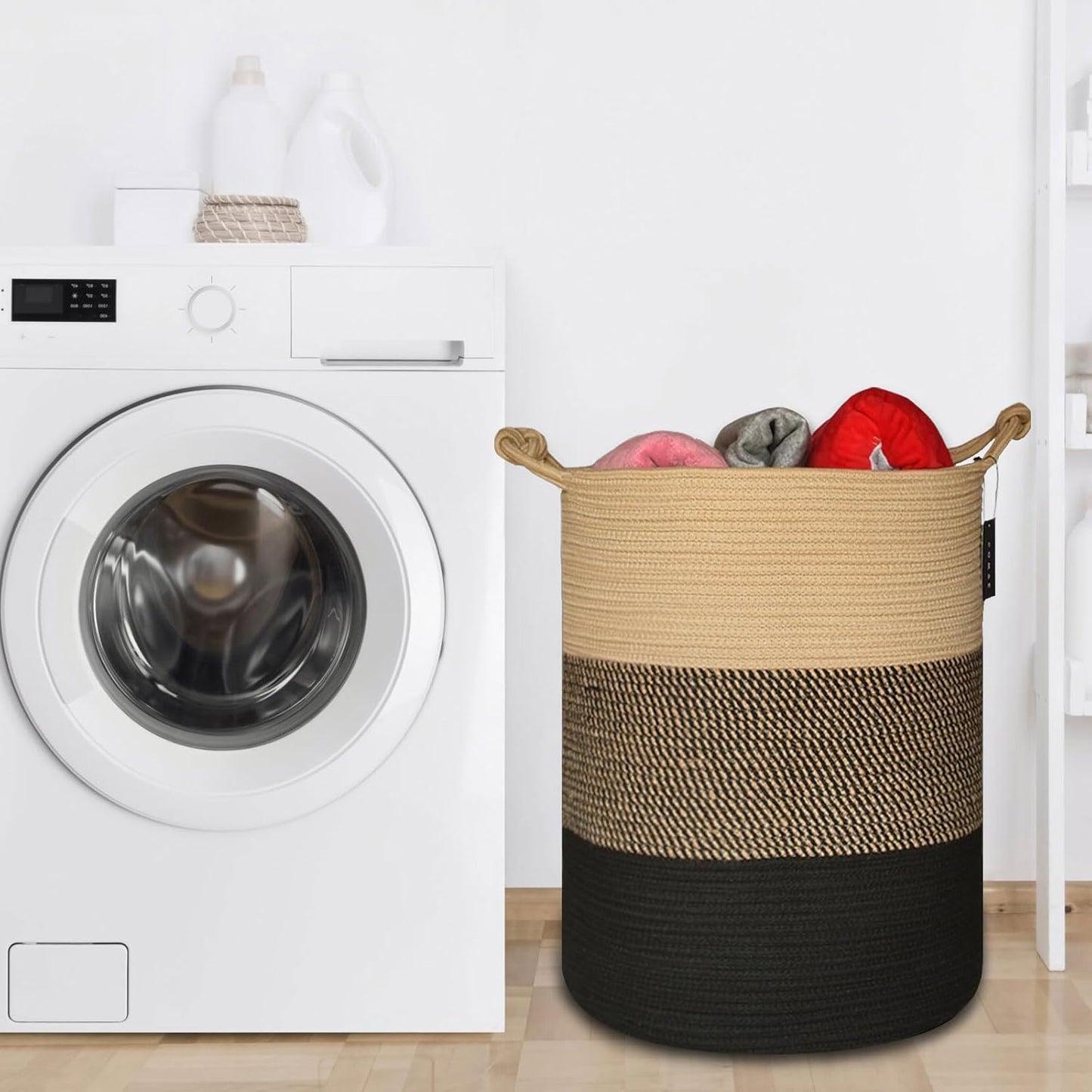 COMSE Extra Large Blanket Basket, Tall Woven Storage Basket, Nursery Hamper, 15.7”x 21.7”, Cotton Rope Laundry Hamper for Toys Clothes Towels, Brown/Black