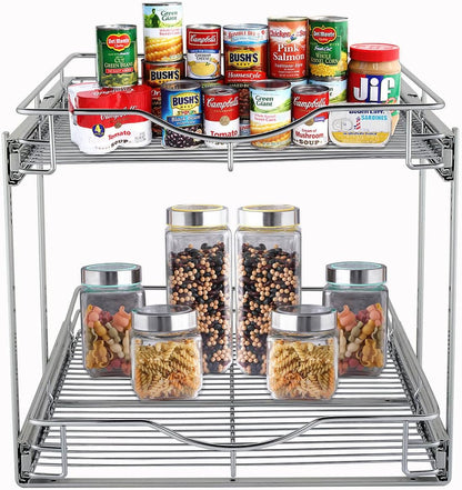 DINDON 2 Tier Pull Out Cabinet Organizer (11" W x 18" D) Heavy-Duty Metal Sliding Drawer Shelf, Two Tier Pull Out Shelves for Kitchen Cabinets, Pantry, Bathroom, Chrome Finish