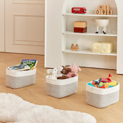 Small Cotton Rope Storage Basket Set of 3-11"x7"x7" Perfect Woven Baskets for Storage, Ideal Storage Baskets for Organizing Toys, Towels, and More - Baskets for Shelves（White & Mixed Grey）