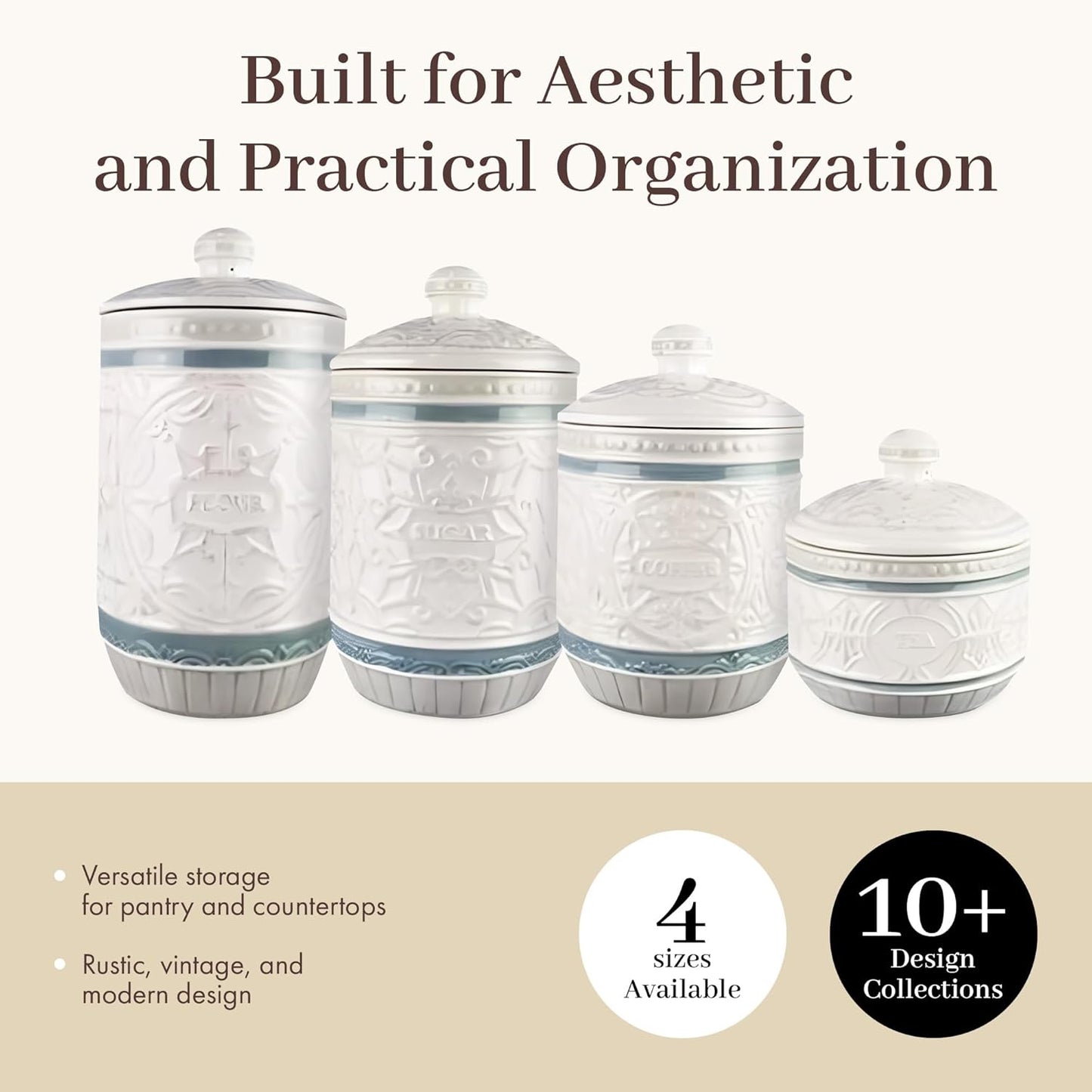 Young's Inc. 4 Pcs Set Casual Provincial Ceramic Canisters- Storage Container for Kitchen and Bathroom - Beautiful Home Decor Accent to Store Food, Coffee, Tea, and More - Green, White