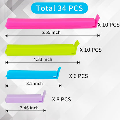 34 Pack Plastic Chip Clips - Resealable Sealing Clips for Food Storage & Snack Bags - 4 Sizes, Bright Colors - 2.4"/3.2"/4.3"/5.5"