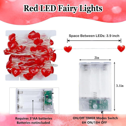 10FT Red Heart Fairy Lights Battery Operated with Timer for Mothers Day Decoration, LED String Lights Indoor Outdoor Waterproof Twinkle Lights for Christmas Proposal Anniversary Valentines Party Decor