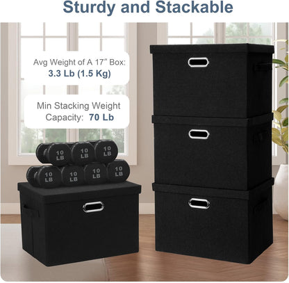 Large 17" 36 Quart Collapsible Stackable Storage Bins with Lids, 5 Packs Black Linen Fabric Closet Boxes with Lids, Storage Cube Baskets Container Organizers for Bedroom Office(17 x12 x11)