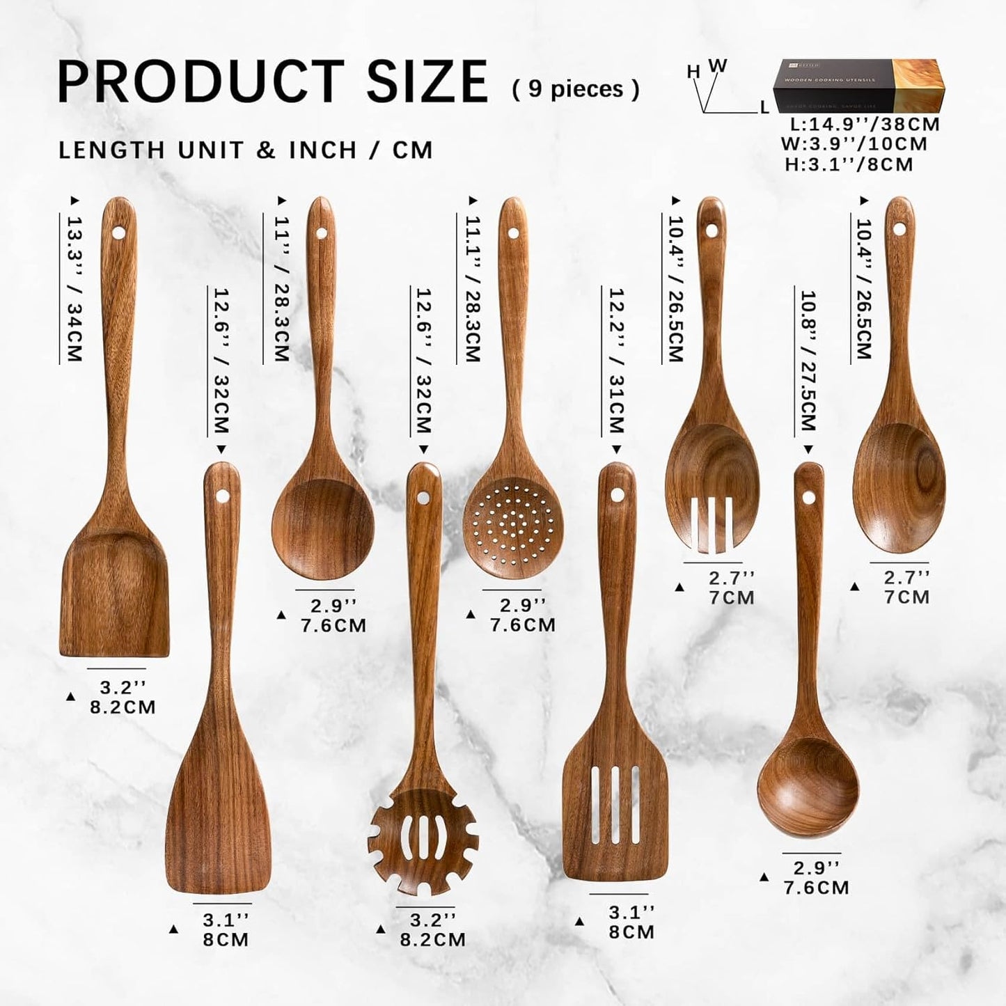 Wooden Spoons for Cooking, Nonstick Cooking Utensil Set with 9 Piece Acacia Wooden Spatulas and Spoons for Cooking, Terrific for Everyday Kitchen Tasks