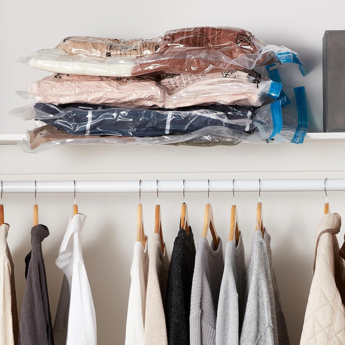 Amazon Basics Vacuum Compression Space Saving Storage Bags with Hand Pump for Clothes Packing, Jumbo, Clear, Pack of 6