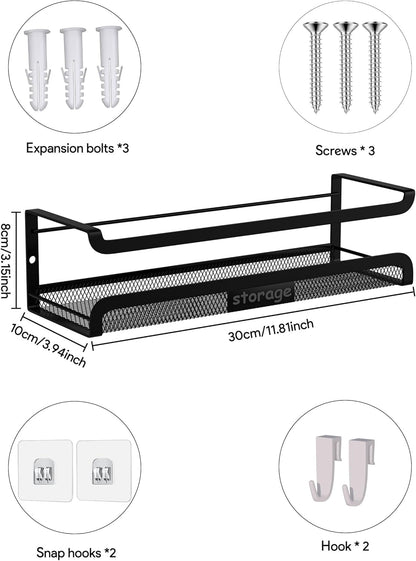 Spice Rack Wall Mount with Hooks - Spice Racks Organizer for Cabinet Storage, Wall Mounted Hanging Shelf Seasoning Organizer, for Kitchen, Pantry Door, Bathroom (Black, 4 Pack)