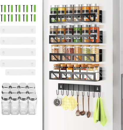 Magnetic Spice Rack Organizer for Fridge Seasoning Organizer for Kitchen storage with Screw or Adhesive Hanging,Magnetic Shelf with Hook for Refrigerator and Oven (Black, 5pack&12pcs)
