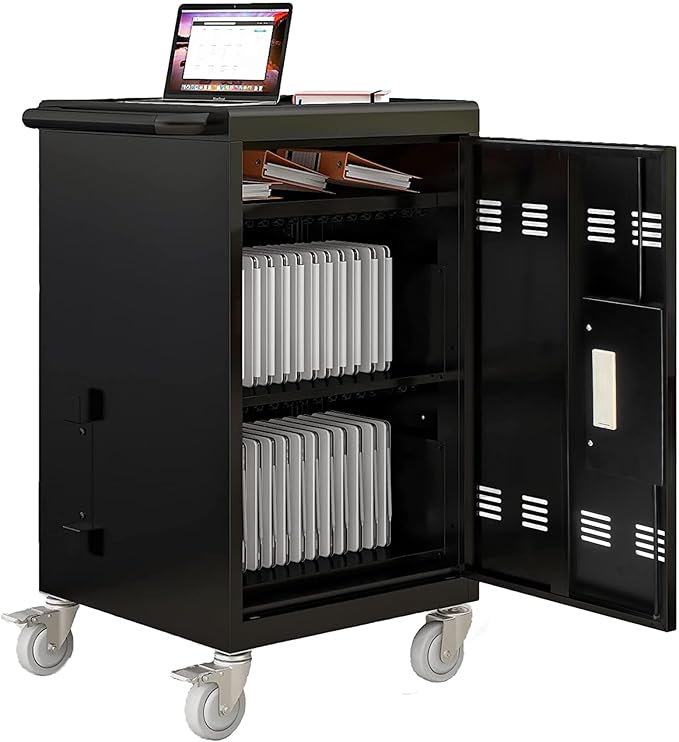 30-Device Mobile Charging Cart with Power Strip, Locks, Cable Management, Up to 16.3" Safe Charging Cabinet for Chromebooks, Tablets, Laptops. Black with Code Lock