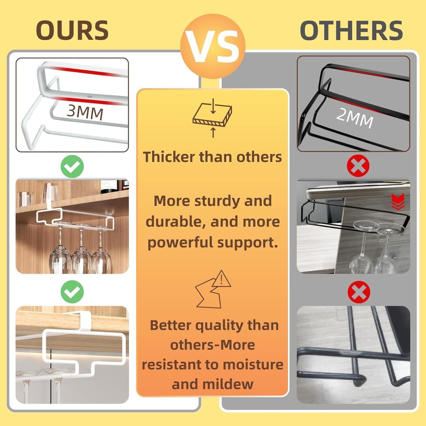 LINFIDITE 2 Pack Wine Glass Holder Stemware Rack Hanger Under Cabinet Wine Glass Rack Kitchen Hanging Storage Rack Organizer,White