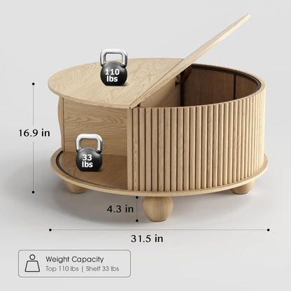 Round Coffee Table with Storage,Fluted Lift Up Coffee Table with Sliding Door,31.5" Drum Center Table with Bun Feet for Living Room,Home Small Space,Oak