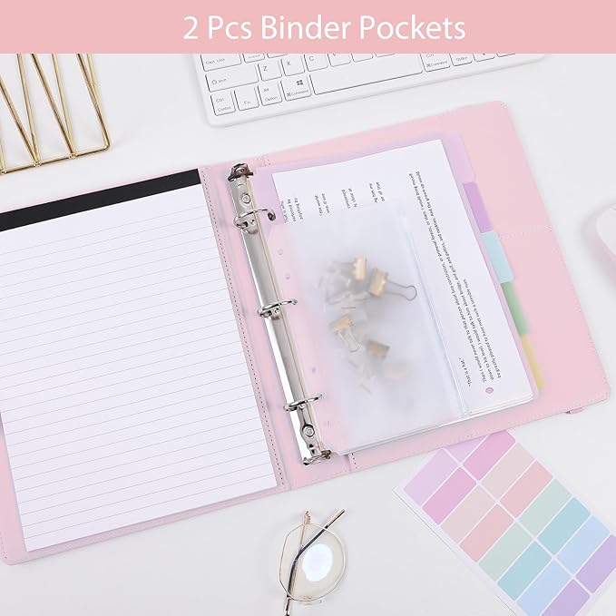 SKYDUE Small 3 Ring Binder with Clipboard, 8" × 10" PU Mini 1 Inch Binder with Notepad, 5 Dividers, and Labels, Clipboard Folder Great for School Office(Fit Half Letter Sized Paper)