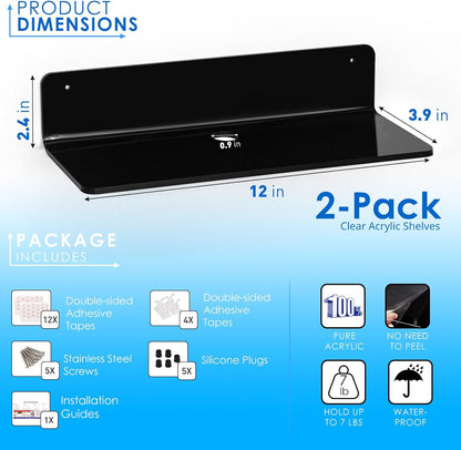 OAPRIRE Black Acrylic Floating Shelves Set of 2 - Damage Free Expand Wall Space - 12 Inch Wall Shelves with Strong Adhesive for Bathroom, Bedroom, etc