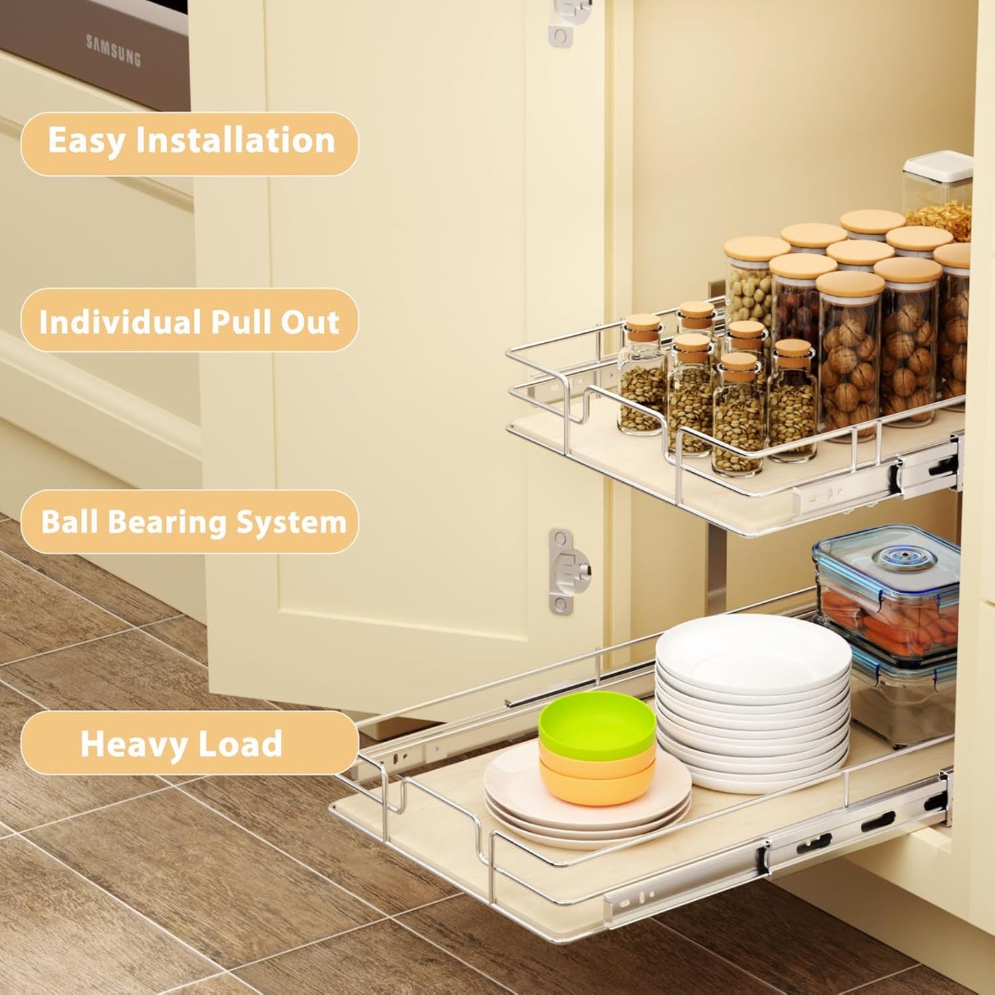 ROOMTEC 2 Tier Individual Pull Out Cabinet Organizer 16½"W x 21½"D, Slide Out Wood Shelves Organizers, Pull Out Drawers Organization and Storage for Kitchen Cabinet
