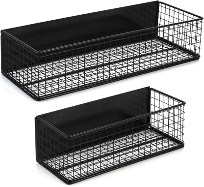 Magnetic Basket, Magnetic Shelf for Fridge,Magnetic Spice Rack Wire Mesh Magnetic Organizer Holder Accessories for Office Kitchen Classroom Storage, Black-High, Large x1&Small x1 Set of 2