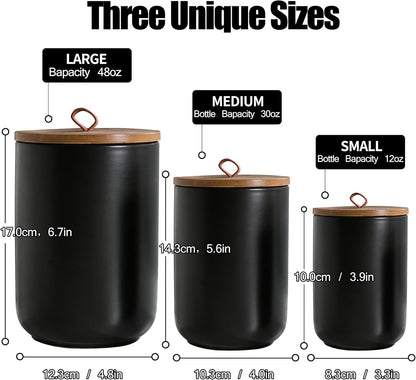Black Ceramic Canister Set with Wooden Lid, 3-Piece Food Storage Jars for Kitchen Counter, Storage Container for Coffee, Tea, Spice, Sugar, Grains, Salt