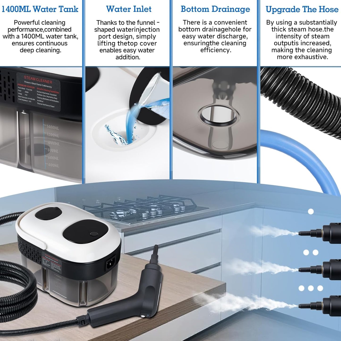 Steam Cleaner, 3-Level Adjustable Handle, 1500W Steam Cleaner for Home, 15s Heat-Up, Portable Steamer for Cleaning Car, 47.04oz Tank, 16 Pcs Accessories for Dirt, Grout, Couch, Furniture, Grease,Tile