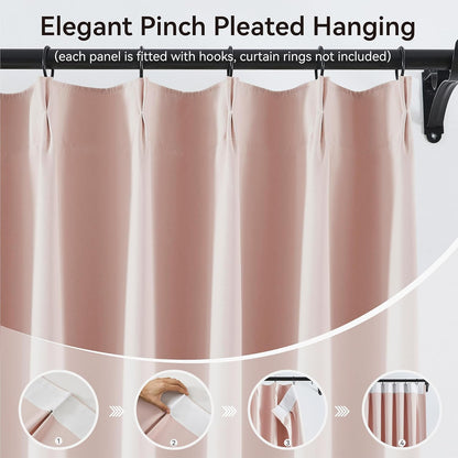 Baby Pink Pinch Pleat Blackout Curtains Drapes 96 Inches Long for Girls Bedroom, Pinch Pleated Thermal Insulated Soundproof Curtains for Nursery Dorm Living Room with Hooks Track System 2 Panels,40x96