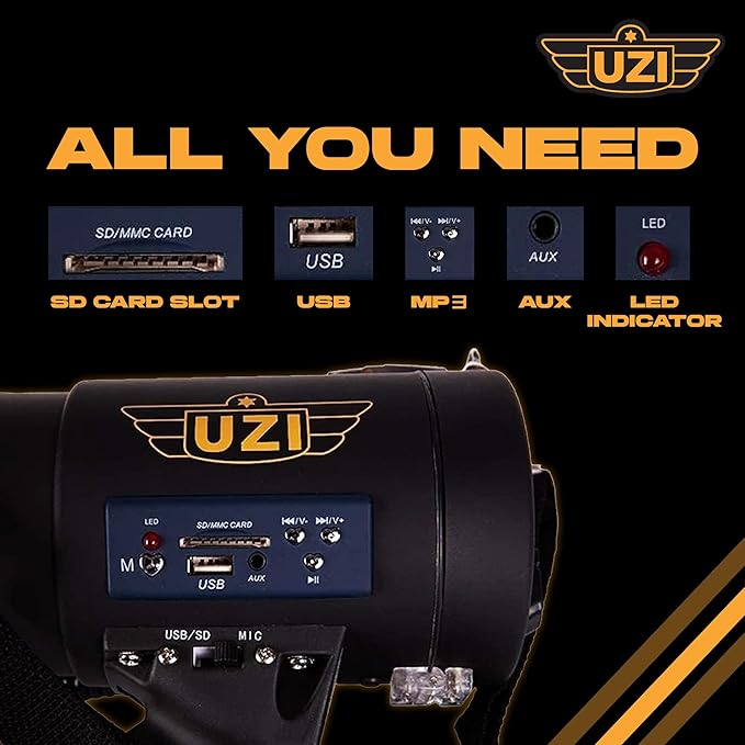 Uzi High Power Loud Big Bluetooth Megaphone 50W, Professional Bullhorn Megaphone Used by First Responders, Police & Agencies, Rechargeable Battery, PA System, Outdoor Activitie