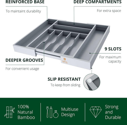 Luxury Bamboo Kitchen Drawer Organizer - Silverware Organizer - Utensil Holder and Cutlery Tray with Grooved Drawer Dividers for Flatware and Kitchen Utensils (9 Slot, Gray)