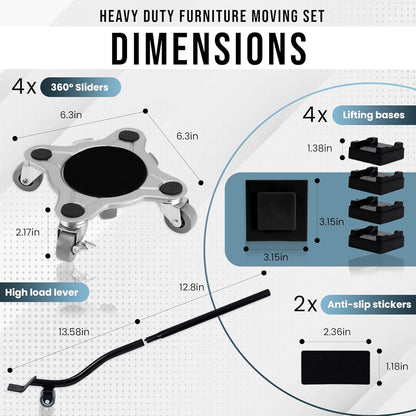 Heavy Duty Furniture Dolly Set with Lifter Tool and 5 Wheels - Capacity, 360° Rotating Wheels for Sofas, Refrigerators, and More (6000 LB)