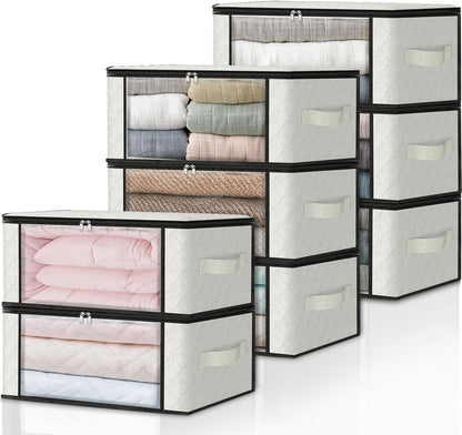 HomeHacks Storage 8-Pack Clothes Organizer Storage Bags Foldable Storage Box with Large Clear Window Sturdy Handles for Closet, Dorm, Pillows, Bedding, Clothes, Blankets, 35L, Ivory