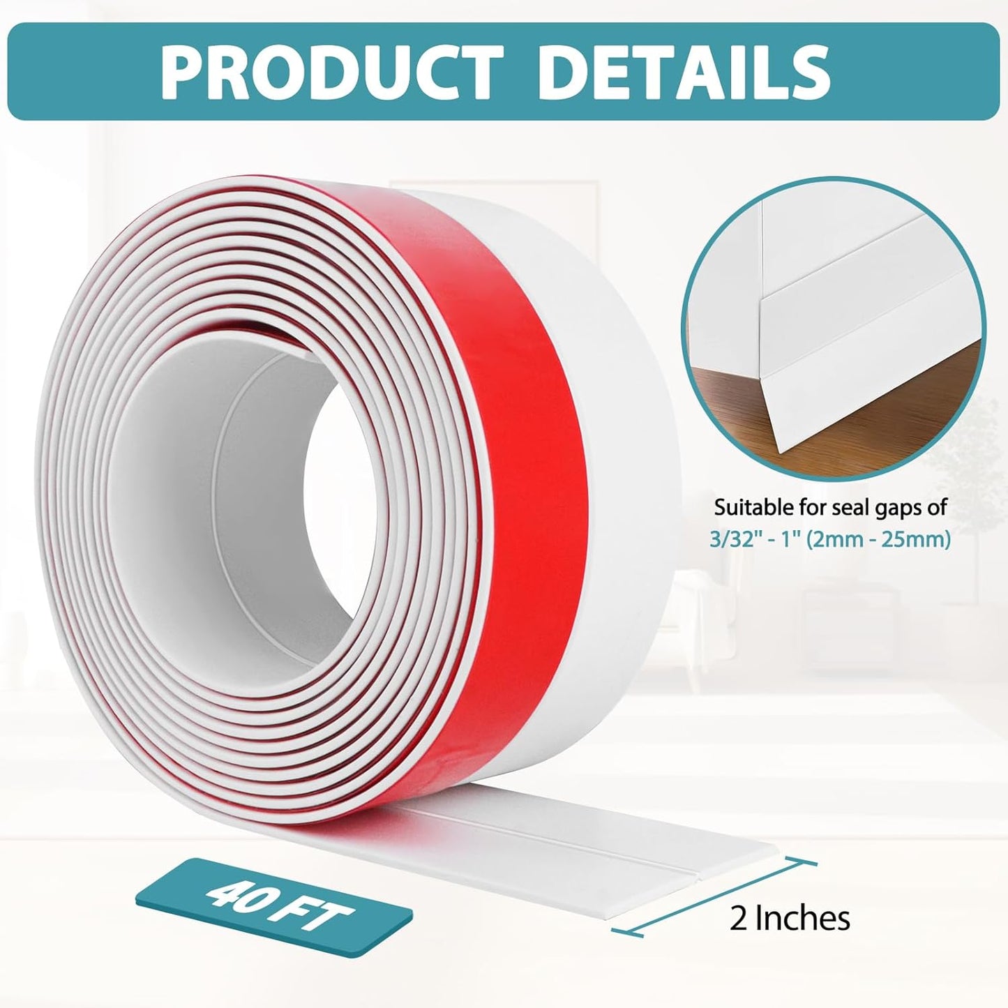 Weather Stripping Door Draft Stopper Flexible Self Adhesive Silicone Door Seal Strip for Glass Doors Windows and Shower Glass Gaps, 2 Inch Wide X 40 Feet Long, White
