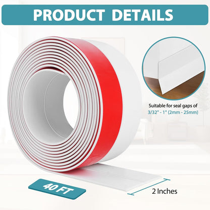 Weather Stripping Door Draft Stopper Flexible Self Adhesive Silicone Door Seal Strip for Glass Doors Windows and Shower Glass Gaps, 2 Inch Wide X 40 Feet Long, White