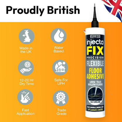 Precision 300ml from Floor-Fix Pro - Fix Loose Tiles - for Loose & Hollow Tiles, Wood, LVT & Laminate - Includes 1.9mm Syringe Tip - Adjustable to 6mm + Anti-Clog Performance (Pack of 6)