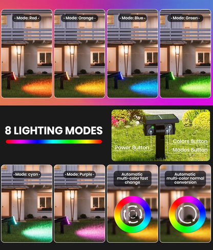Solar Spot Lights Outdoor 2-Pack Multicolor IP65 Waterproof RGB - 6 Colors, 2 Modes, 105° Adjustable 58 LED Flood Lights, Solar Powered Spotlights for Yard, Garden, House & Landscape Lighting Outside