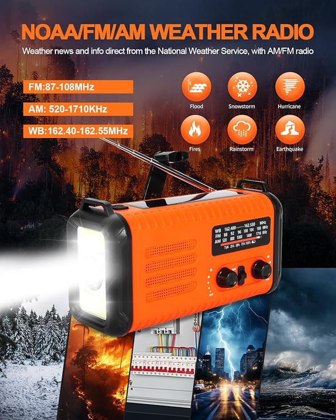 Emergency Crank Radio, 20000mAh / 74000mWh Solar Hand Crank Weather Radio with NOAA/AM/FM, Battery Powered Radio with Cell Phone Charger, Reading Lamp, Flashlight & SOS for Emergencies/Home (Orange)