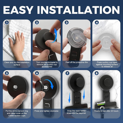 Suction Cup Razor Holder for Shower Wall 2 Pack,Heavy-Duty 15lbs Suction Hooks for Razor,Towel,Phone,Loofah, Removable Damage-Free Metal Shower Hook,Shaver Holder(Black)