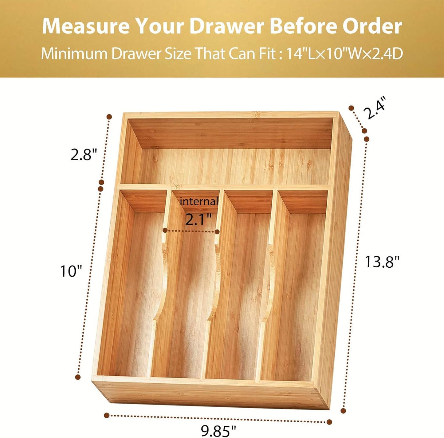 Umilife Kitchen Drawer Organizer, 10 Inch Silverware Utensil Tray Holder, Extra Deep, with Non-Slip Feet & Grooved Drawer Divider, 5 Slots Total Bamboo Wood Caddy for Flatware Cutlery Knives