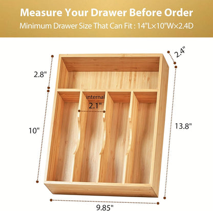 Umilife Kitchen Drawer Organizer, 10 Inch Silverware Utensil Tray Holder, Extra Deep, with Non-Slip Feet & Grooved Drawer Divider, 5 Slots Total Bamboo Wood Caddy for Flatware Cutlery Knives