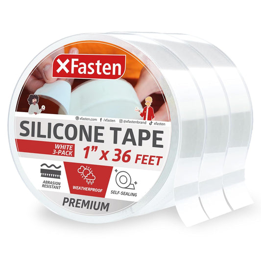 XFasten Self Fusing Silicone Tape Waterproof White – 1" x 36 Feet (3-Pack 108ft), Self Amalgamating Tape, Silicone Rubber for Plumbing, Sealing Pipes, Hose Repair, Outdoor Coax and Electrical Cables