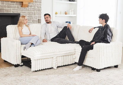 Belffin Plush Corduroy Modular Sectional Sofa with Pull Out Bed Convertible Small Sectional Corner Couch for Living Room White Couch
