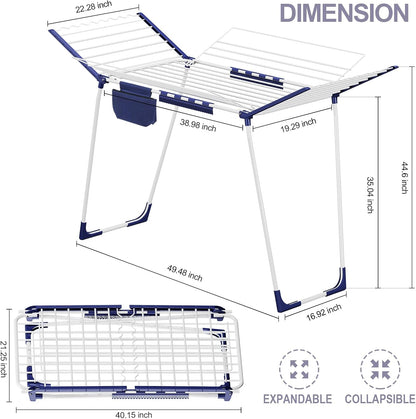 APEXCHASER Clothes Drying Rack Foldable, Drying Rack Clothing Large Space, Winged Laundry Rack with Sock Clips for Hanging Towels Clothes Dress Bedding Indoor Outdoor, White