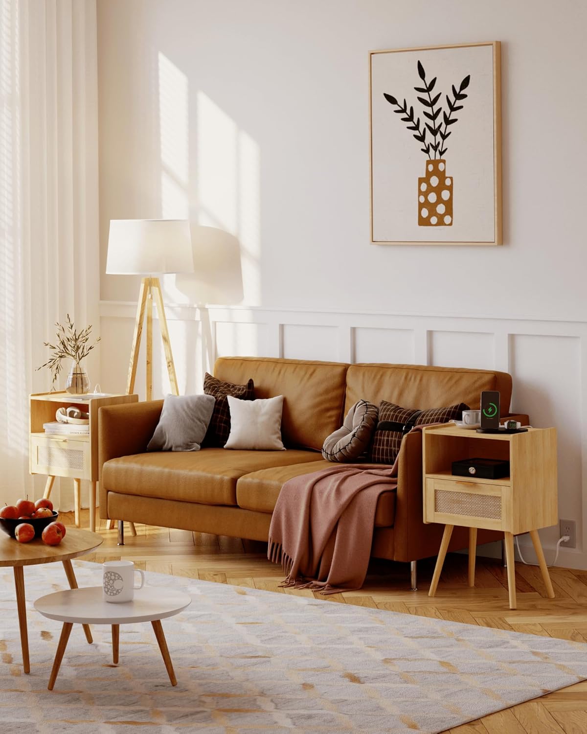 Rattan Nightstand with Outlet,Modern Bedside Table with Storage Drawer and Open Wood Shelf, for Living Room, Bedroom and Small Spaces, Accent Night Stand with Solid Wood Legs,Yellow Oak