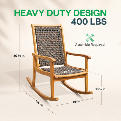 Idzo Wood Wicker Rocking Chair, 400 lbs Capacity, Durable Eucalyptus Wood, Natural Finish, Comfortable Curvy Design, Ideal for Deck, Patio Furniture, Teak Outdoor Furniture, Set of 2
