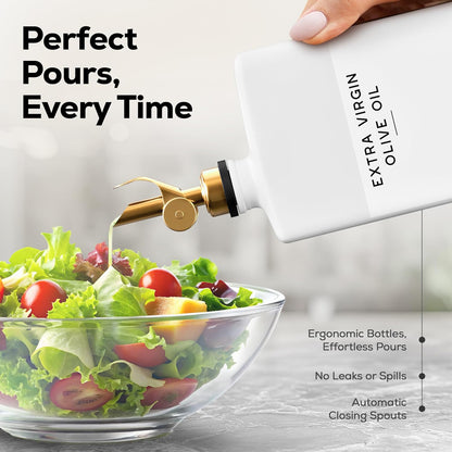 White Glass Olive Oil Dispenser Bottle for Kitchen by Brighter Barns - Avocado Oil Dispenser Set, Vanilla Syrup Bottle - Modern Decor, Gold Kitchen Accessories for Home, Airbnb, Cafe (White, Set of 2)