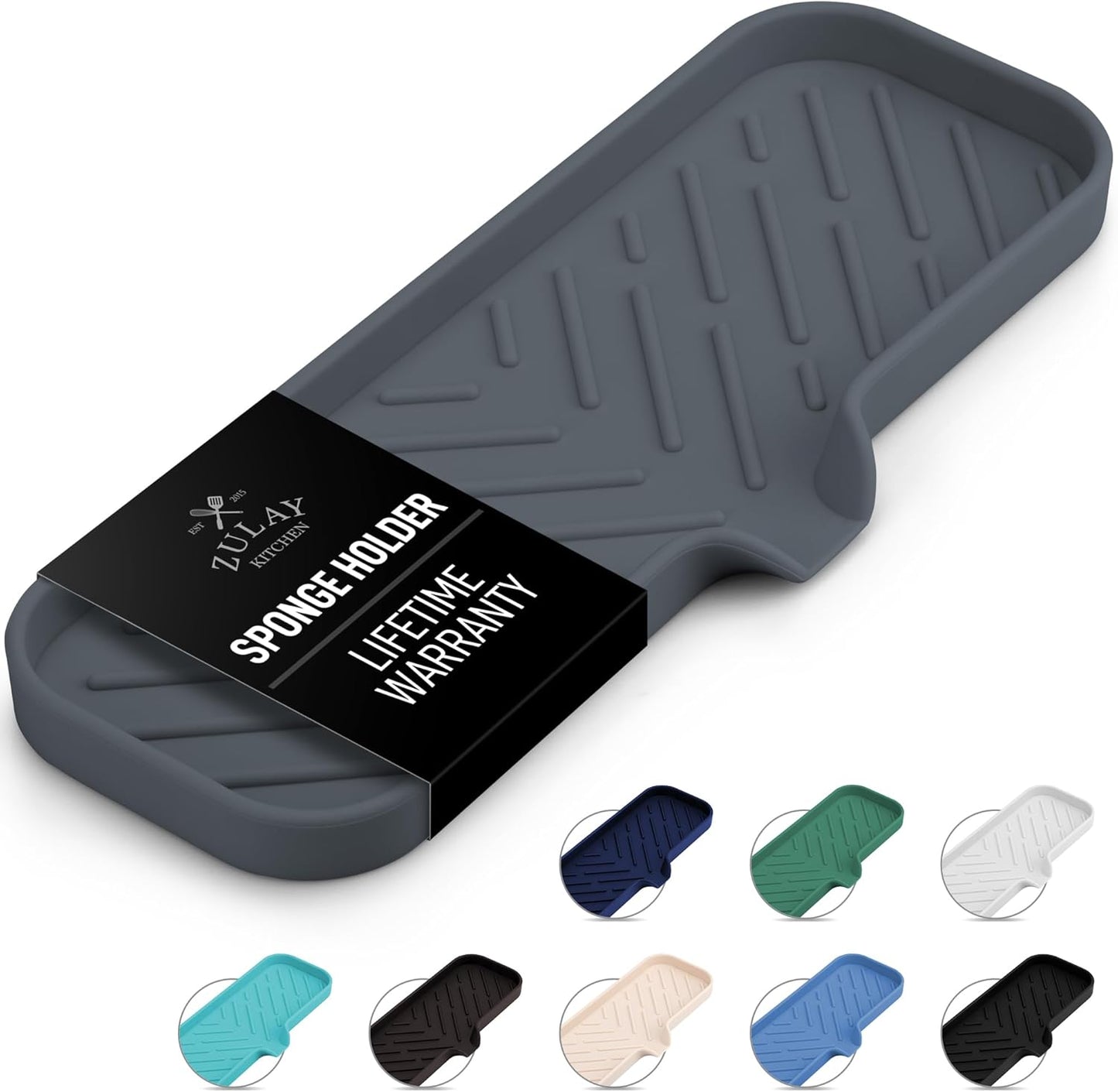 Zulay Kitchen Large Silicone Sponge Holder (12x4) – Flexible Sink Organizer Tray for Kitchen & Bathroom – Multipurpose Soap Dish for Sponges, Makeup, Trinkets & More (Grey)