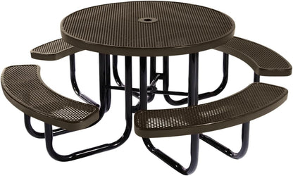 Coated Outdoor Furniture Heavy-Duty Portable Outdoor Picnic Table with Umbrella Hole, Punched Steel Commercial-Grade Patio Dining Furniture Made in America (46" Round Top, Textured Brown)