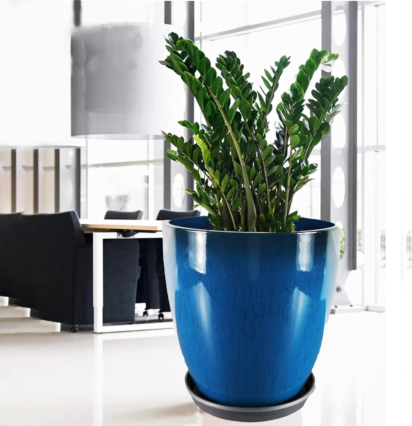 FixtureDisplays® Garden Plastic Round 11.8" Diameter 12" Tall Planter Resin Glazed Faux Ceramic Flower Pots Drainage Hole with Saucer Decorative Pot 15580-NF