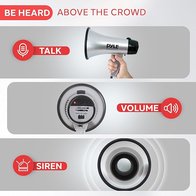 PYLE-PRO Portable Megaphone Speaker Siren Bullhorn - Compact and Battery Operated with 20 Watt Power, Microphone, 2 Modes, PA Sound and Foldable Handle for Cheerleading & Police Use-PMP23SL (Silver)