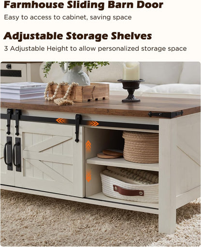 OKD 48" Farmhouse Lift Top Coffee Table with Sliding Barn Door,Rustic Center Table with Hidden Storage Compartment,Lifting Tabletop and Adjustable Shelf for Living Room,Office,Antique White