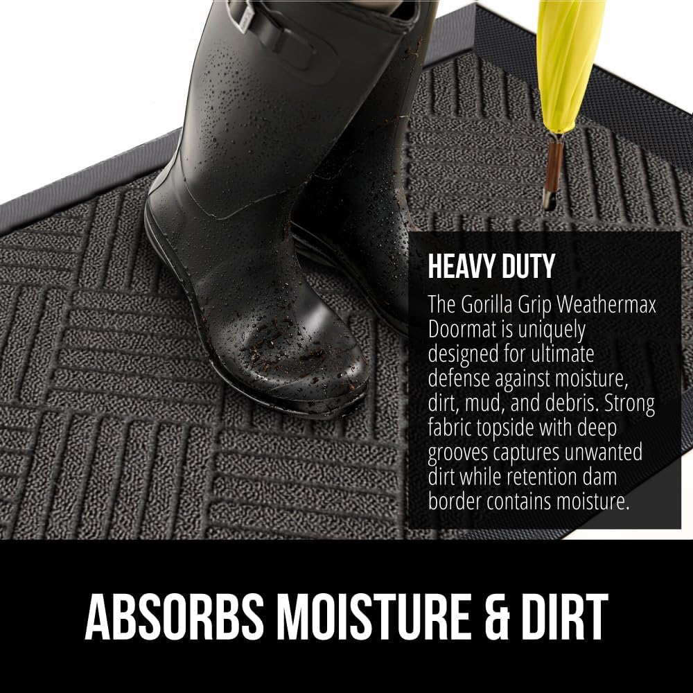 GORILLA GRIP 100% Waterproof All-Season WeatherMax Doormat, 34x58, US Designed Natural Rubber, Stain and Fade Resistant, Low Profile Indoor Outdoor Door Mats, Easy Clean Patio Mat, Gray Diamond