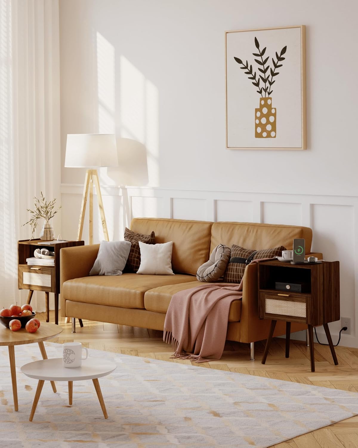 Rattan Nightstand with Outlet,Modern Bedside Table with Storage Drawer and Open Wood Shelf, for Living Room, Bedroom and Small Spaces, Accent Night Stand with Solid Wood Legs,Walnut Brown